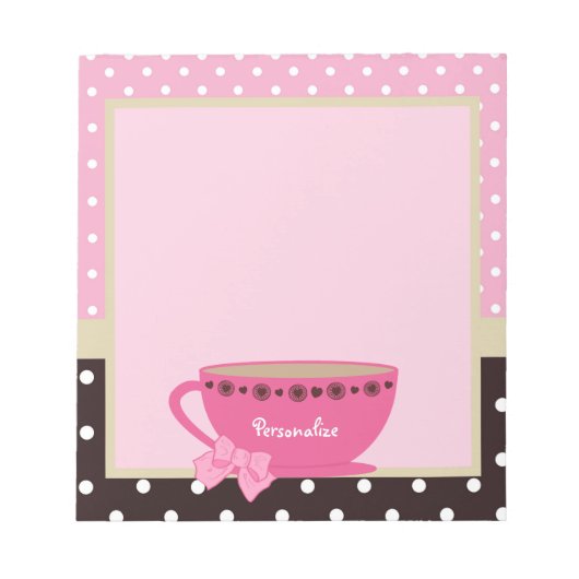 Meisjes Teacup Pink en Brown Polka Dot Bow en Name Notitieblok (Voorkant)