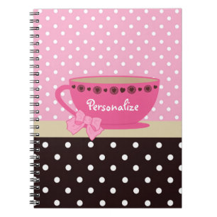 Meisjes Teacup Pink en Brown Polka Dot Bow en Name Notitieboek