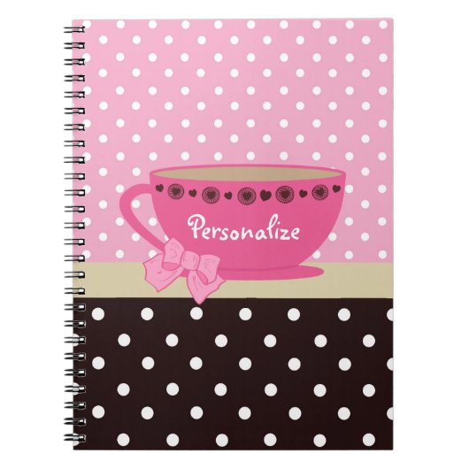 Meisjes Teacup Pink en Brown Polka Dot Bow en Name Notitieboek (Voorkant)