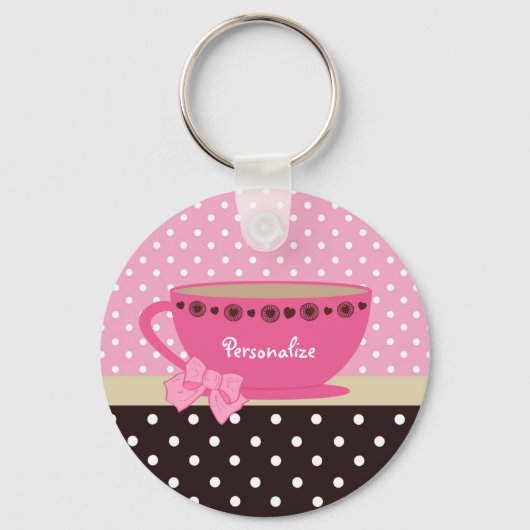 Meisjes Teacup Pink en Brown Polka Dot Bow en Name Sleutelhanger (Voorkant)