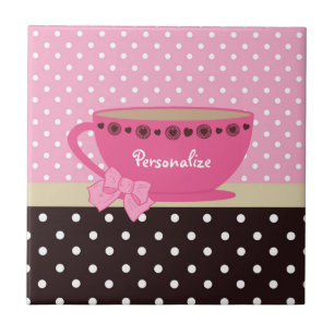 Meisjes Teacup Pink en Brown Polka Dot Bow en Name Tegeltje