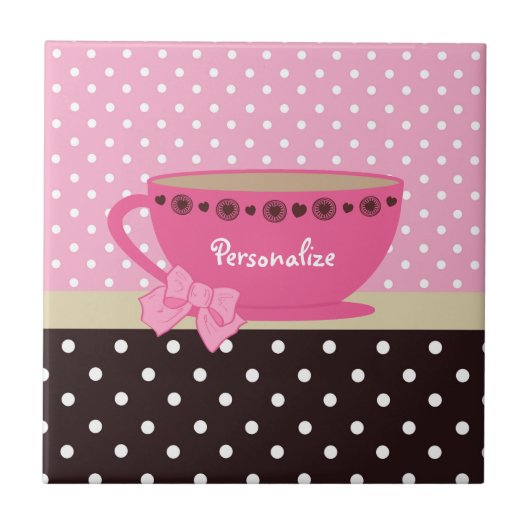 Meisjes Teacup Pink en Brown Polka Dot Bow en Name Tegeltje (Voorkant)