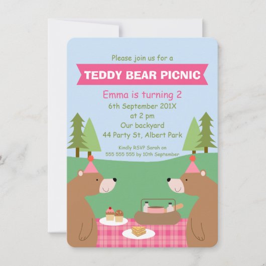 Meisjes Teddy Bear Picnic Banner Verjaardag Uitnod Kaart (Voorkant)