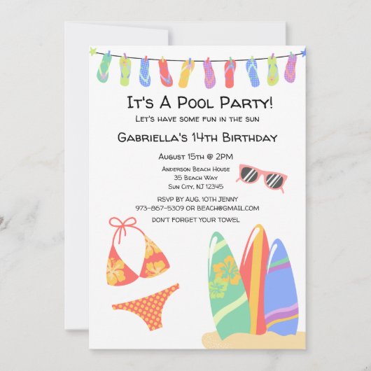 Meisjes Teen Pool Party Bikini Verjaardag Uitnodig Kaart (Voorkant)