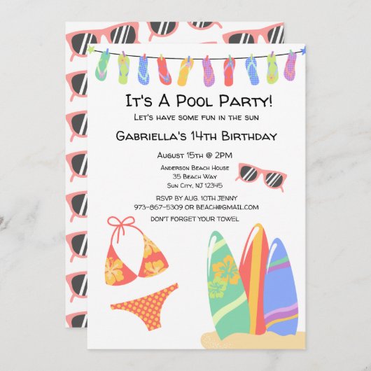 Meisjes Teen Pool Party Bikini Verjaardag Uitnodig Kaart (Voorkant / Achterkant)