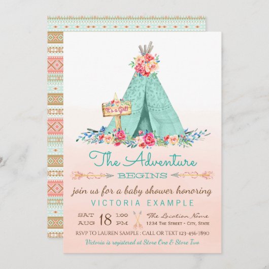 Meisjes TeePee Baby Douche Uitnodigingen (Voorkant / Achterkant)