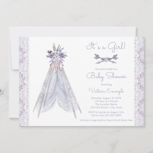 Meisjes TeePee Baby shower Invitation Lavendel Lac Kaart (Voorkant)