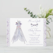 Meisjes TeePee Baby shower Invitation Lavendel Lac Kaart (Staand voorkant)
