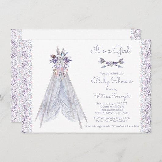 Meisjes Teepee Baby shower Invitation Lavendel Lac Kaart (Voorkant / Achterkant)