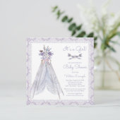 Meisjes TeePee babyshower uitnodiging Lavendel Kan (Staand voorkant)