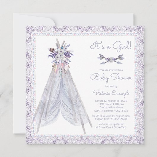 Meisjes TeePee babyshower uitnodiging Lavendel Kan (Voorkant)