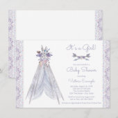 Meisjes Teepee babyshower uitnodiging Lavendel Kan (Voorkant / Achterkant)