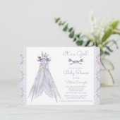 Meisjes Teepee babyshower uitnodiging Lavendel Kan (Staand voorkant)