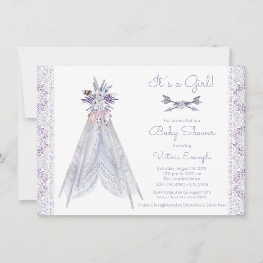 Meisjes Teepee babyshower uitnodiging Lavendel Kan (Voorkant)