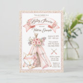 Meisjes TeePee Fox Tribal Baby Shower Uitnodiginge Kaart (Staand voorkant)