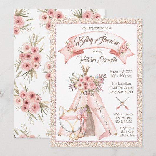 Meisjes TeePee Fox Tribal Baby Shower Uitnodiginge Kaart (Voorkant / Achterkant)