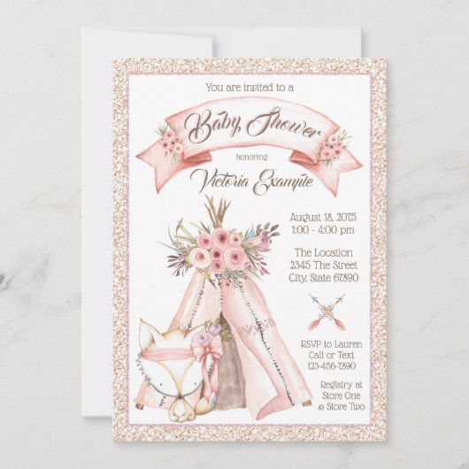 Meisjes TeePee Fox Tribale Baby Shower Uitnodiging (Voorkant)