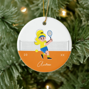 Meisjes Tennis Player Blonde Hair Kind Naam en Jaa Keramisch Ornament