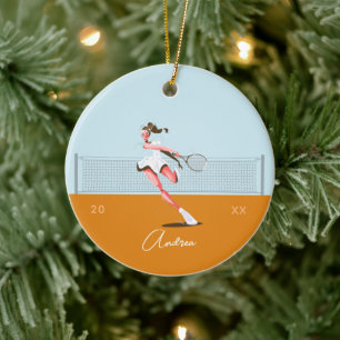 Meisjes Tennis Player Cartoon naam en jaar gedatee Keramisch Ornament