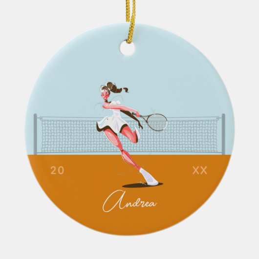 Meisjes Tennis Player Cartoon naam en jaar gedatee Keramisch Ornament (Voorkant)