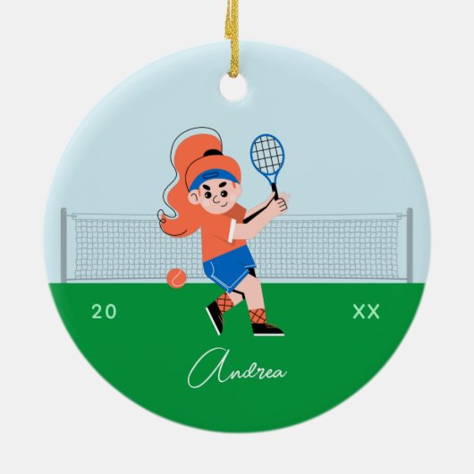 Meisjes Tennis Player Ginger Hair Kind Naam en Jaa Keramisch Ornament (Achterkant)