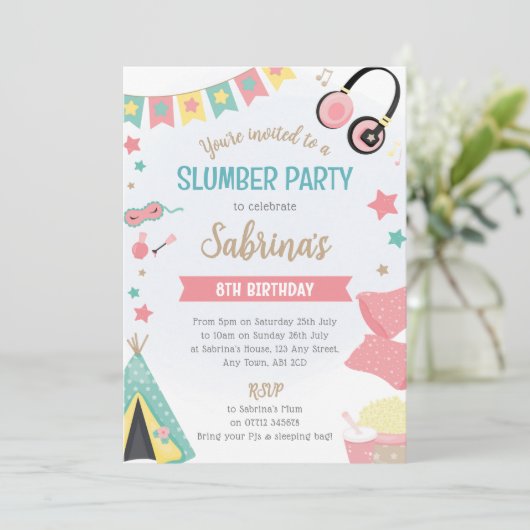 Meisjes Tepee Sleepover Uitnodiging - Slumber Part (Staand voorkant)