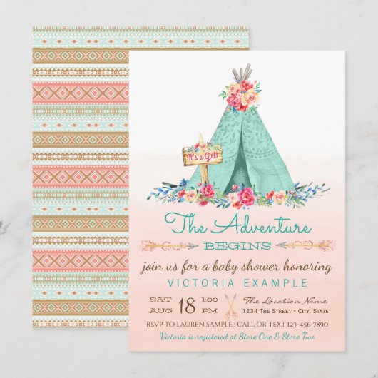 Meisjes Tipi Baby Douche Uitnodigingen (Voorkant / Achterkant)