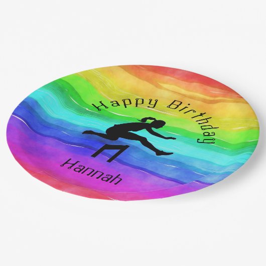 Meisjes Track & Field Rainbow Waterverf Borden Papieren Bordje (Gekanteld)