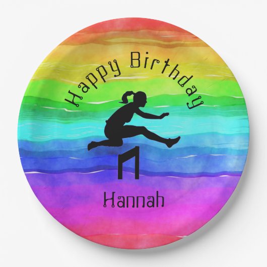 Meisjes Track & Field Rainbow Waterverf Borden Papieren Bordje (Voorkant)