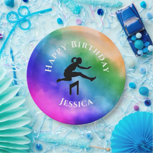 Meisjes Track & Field Rainbow Waterverf Borden Papieren Bordje (Feest)