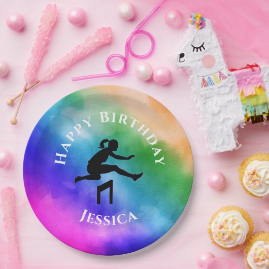 Meisjes Track & Field Rainbow Waterverf Borden Papieren Bordje (Feest)