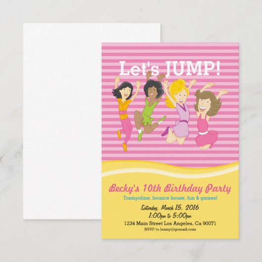 Meisjes Trampoline Verjaardag Uitnodiging (Voorkant / Achterkant)