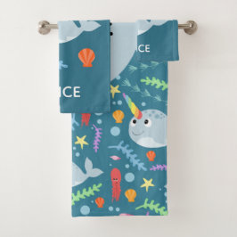 Meisjes Trendy en Modern Narwhal Pattern Name Kind Bad Handdoek