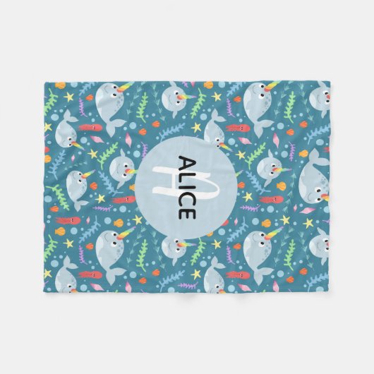 Meisjes Trendy Narwhal Patroon Monogram & Naam Kin Fleece Deken (Voorkant (Horizontaal))