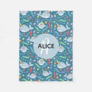 Meisjes Trendy Narwhal Patroon Monogram & Naam Kin Fleece Deken
