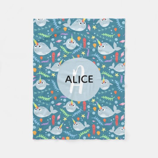 Meisjes Trendy Narwhal Patroon Monogram & Naam Kin Fleece Deken (Voorkant)