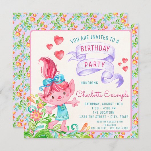 Meisjes Troll verjaardagsfeestje uitnodigingen (Voorkant / Achterkant)