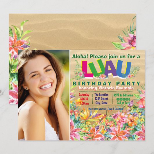 Meisjes Tropische Luau Foto Verjaardagsfeest Kaart (Voorkant / Achterkant)