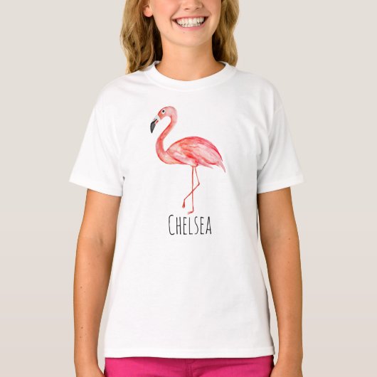 Meisjes Tropische Waterverf Flamingo and Name T-shirt (Voorkant)