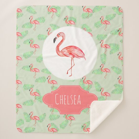 Meisjes Tropische Waterverf Flamingo & Name Kinder Sherpa Deken (Voorkant)