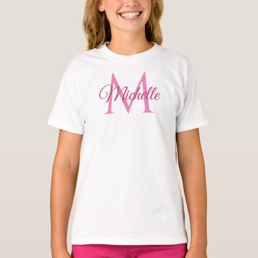 Meisjes tshirts Monogram naam wit en roze rendy (Voorkant)