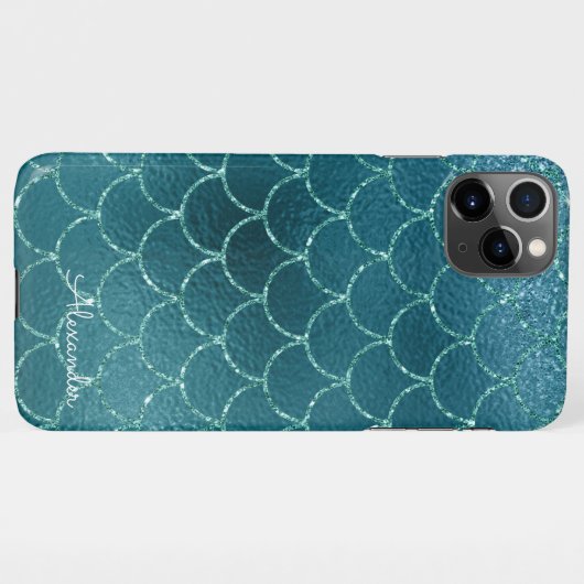 Meisjes Turkoois Zeemeermin Schubben Monogram Naam iPhone Hoesje (Achterkant horizontaal)