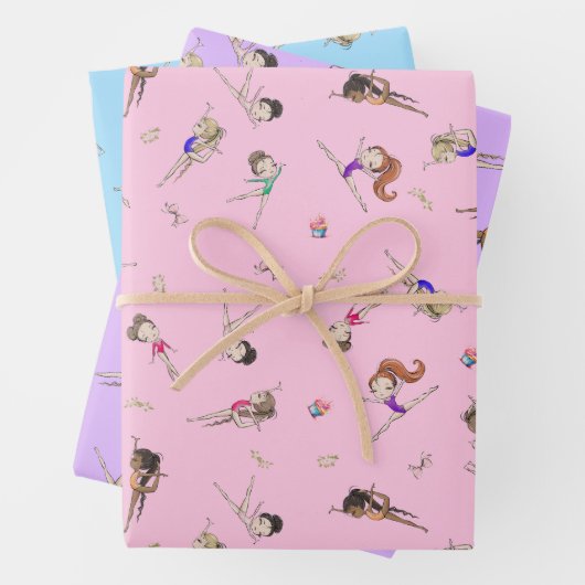 Meisjes Turnen Cupcakes Patroon Roze Paarse Blauw Inpakpapier Vel (In situ)