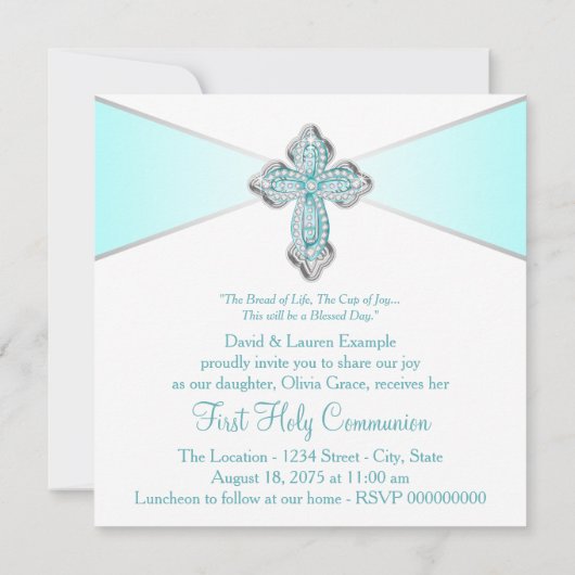 Meisjes Turquoise Blauwe Eerste Communie Kaart (Achterkant)