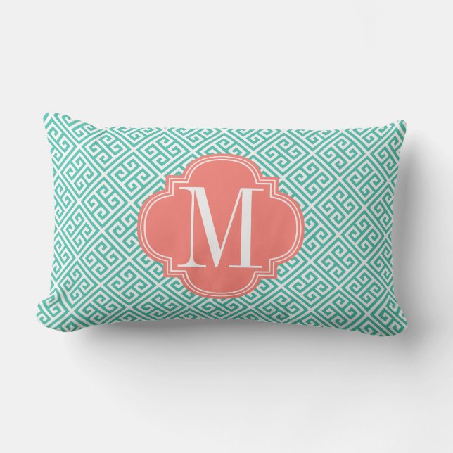 Meisjes Turquoise & Coral Greek Key Pattern Kussen (Voorkant)