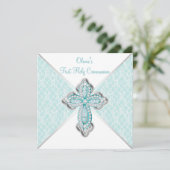 Meisjes Turquoise Eerste Heilige Communie Kaart (Staand voorkant)