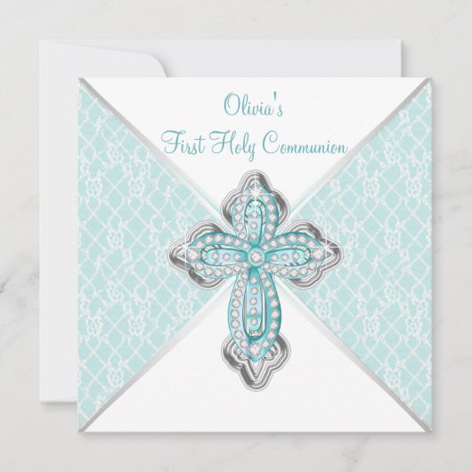Meisjes Turquoise Eerste Heilige Communie Kaart (Voorkant)