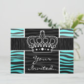 Meisjes turquoise en zwarte zebra print kroon kaart (Staand voorkant)