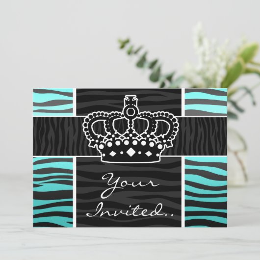 Meisjes turquoise en zwarte zebra print kroon kaart (Staand voorkant)