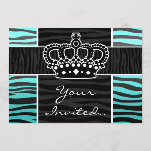Meisjes turquoise en zwarte zebra print kroon kaart
